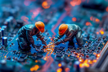 Miniature cleaners working together on a circuit board cpu with a vivid neon light. Generative AI