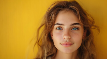 Portrait of nice attractive lovely winsome teenage girl on web isolated over yellow background. Generative AI