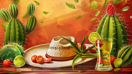 Superb Mexican national holiday Cinco de Mayo, Traditional Mexican hat, tequila, cacti , background