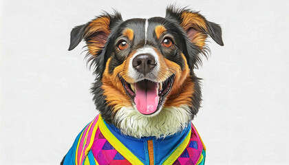Portrait serré d'un  joli chien qui porte un gilet multi couleurs, fond blanc, gueule ouverte, langui qui pend