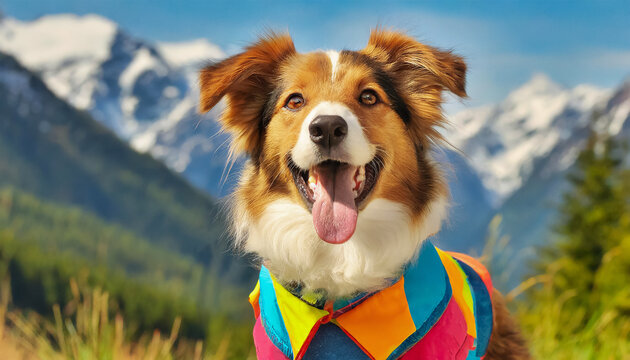 Joli chien de face avec un gilet coloré amusant, en extérieur, vu sur les montagnes en arrière plan, gueule ouverte, langue pendante