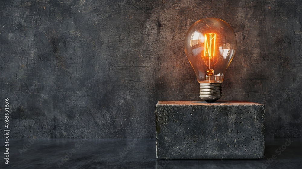 Poster bright light bulb illuminated on block with space for text on solid color background