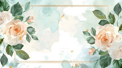Minimalistic gold edging framing roses against a gentle green watercolor backdrop