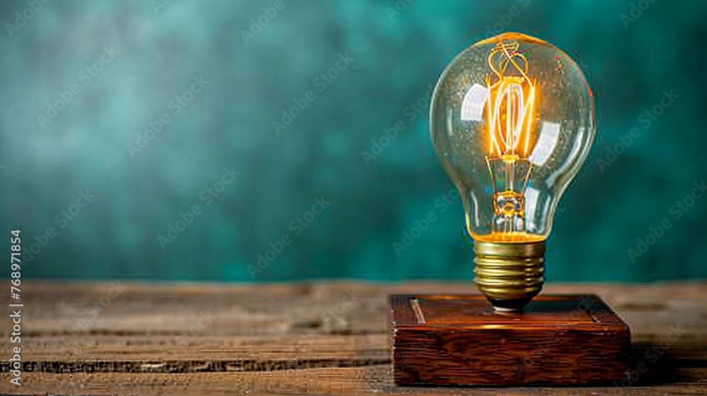 Aufkleber bright light bulb on block with copyspace on solid color background for text placement