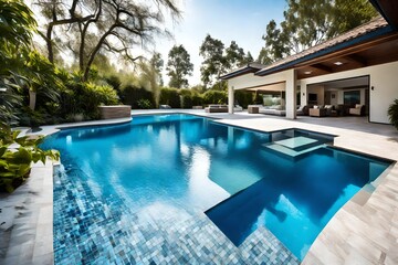 Fototapeta na wymiar Swimming pool in a residential home with blue water 