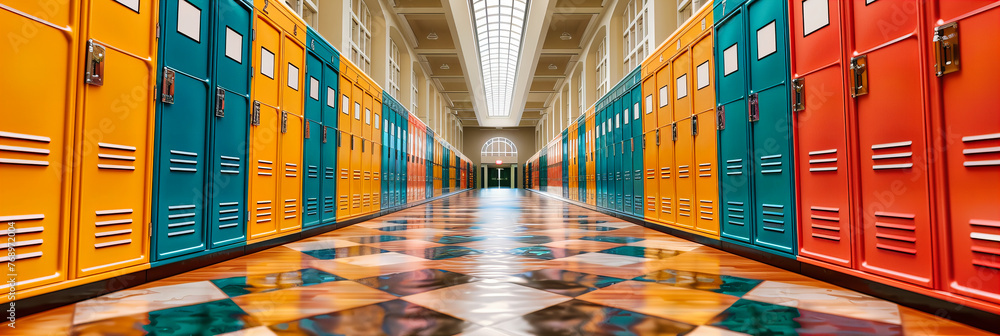 Poster a row of empty school lockers: a symbol of security and personal space in the halls of learning and 