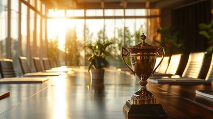 Elegant trophy in a sunlit conference room epitome of business excellence - obrazy, fototapety, plakaty