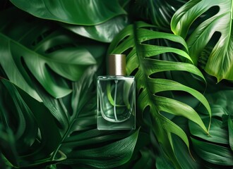 Elegant fragrance dispenser amidst tropical leaves ecoluxury beauty product concept