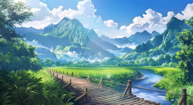 Animated illustration of mountain views with natural rivers and rice fields. Seamless 4k time lapse virtual video animation background
