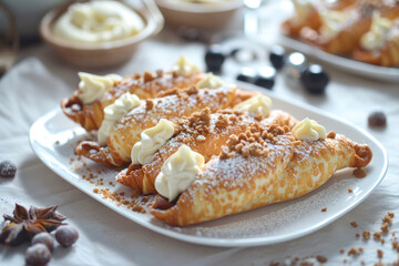Gourmet Cannoli Served with Cream and Crumbles.