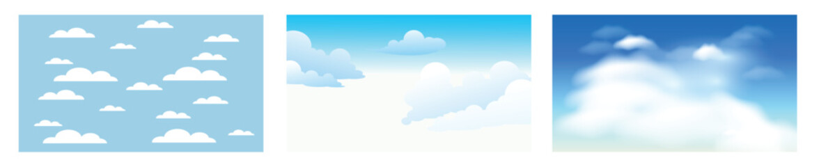 Three background sceneries featuring a blue sky and clouds