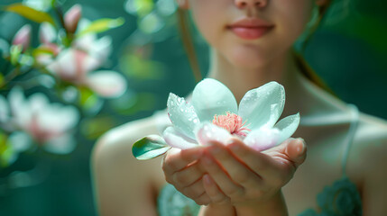 Young woman presents blooming magnolia with tenderness against lush background. Concept of natural...