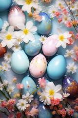 Pastel Easter eggs surrounded by flowers in water