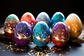 Colorful Easter eggs with golden accents on dark background
