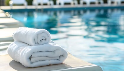 Poolside Relaxation Neatly Folded White Towels for Your Summer Comfort - obrazy, fototapety, plakaty