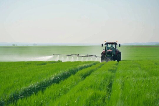 A tractor is fertilizing plants on a green field under a clear sky