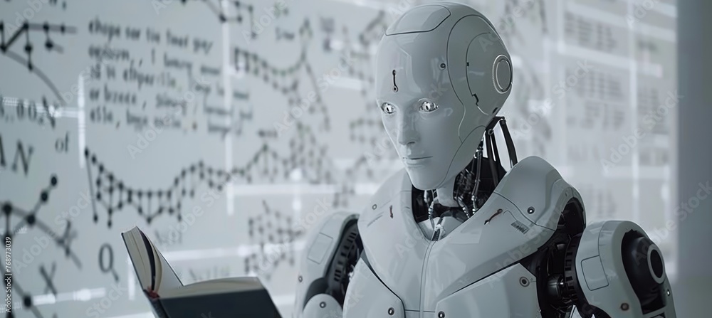Poster humanoid ai robot with book surrounded by holographic math formulas on blurred background