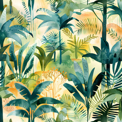 Jungle landscape in retro wallpaper style. Watercolor wallpaper pattern.