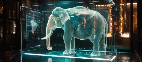 A hologram elephant inside a museum box, showcasing advanced technology 🐘✨. Witness the majestic form of an elephant in holographic display.