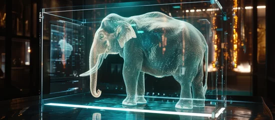 Foto op Plexiglas A hologram elephant inside a museum box, showcasing advanced technology 🐘✨. Witness the majestic form of an elephant in holographic display. © Elzerl