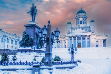 Statue of Alexander II, emperor of Russia, in front of Helsinki Lutheran Cathedral. - obrazy, fototapety, plakaty