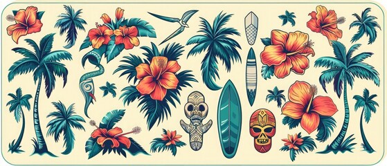 A bright set of stickers in a tropical Hawaiian style. Summer background with palm trees, Hawaiian tribal masks and hibiscus flowers - obrazy, fototapety, plakaty