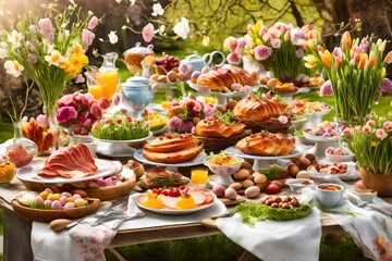 Festive Easter Brunch Spread with Glazed Ham, easter eggs, salads, assorted appetizers and spring flowers in garden 