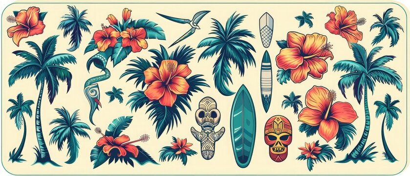 Fototapeta A bright set of stickers in a tropical Hawaiian style. Summer background with palm trees, Hawaiian tribal masks and hibiscus flowers