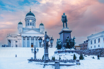 Statue of Alexander II, emperor of Russia, in front of Helsinki Lutheran Cathedral. - obrazy, fototapety, plakaty