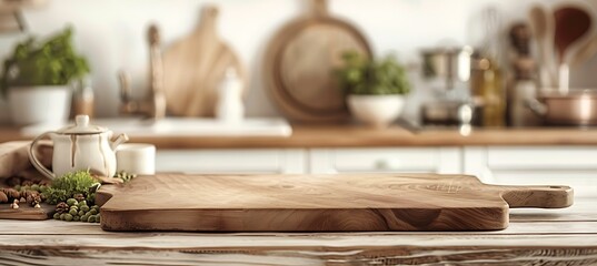 Rustic kitchen table with a wooden cutting board, kitchen utensils, and greenery in the background - obrazy, fototapety, plakaty