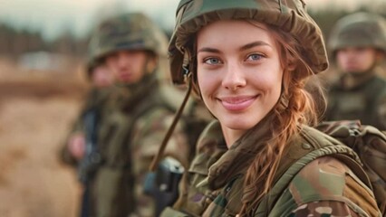 A smiling young female adult soldier wearing a soldier's uniform together with other soldiers wearing soldiers' uniforms
