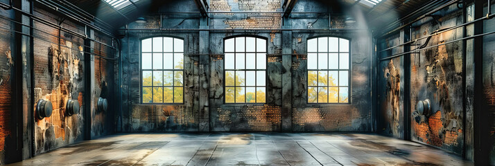 Abandoned Industrial Space, Dark and Empty, Broken Windows and Aged Walls, Atmosphere of Decay - obrazy, fototapety, plakaty