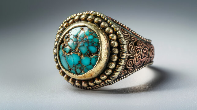 A side perspective of a turquoise ring, displaying detailed craftsmanship on a gradient color background