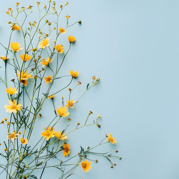 Abstract, beautiful minimalistic background with yellow flowers.