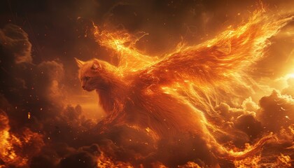 Fiery-winged cat perches atop blazing clouds, engulfed in orange flames 🔥🐱✨ A surreal fusion of feline grace and celestial inferno #FlameFelineBeauty 🌟 - obrazy, fototapety, plakaty