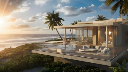 Luxury villa with ocean view, spacious terrace modern architecture real estate property resort