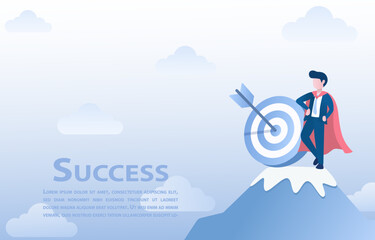 Business concept. Goals and target to success. Super boss standing on the peak of a mountain. The man at the top is the winner and the success. Vector illustration with copy space.