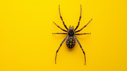 Black widow spider on a yellow background. Dangerous latrodectus insect. - obrazy, fototapety, plakaty