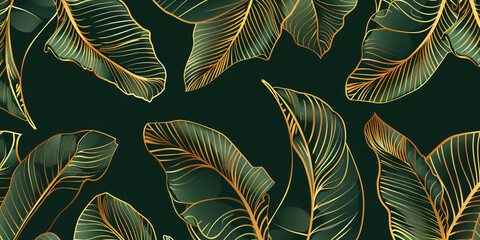 Golden outlines of tropical plant leaves on dark green background