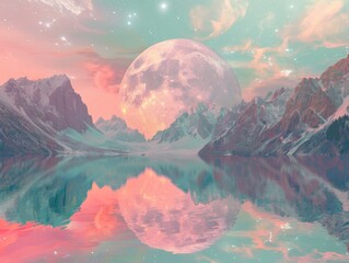 A breathtaking digital art piece of an enormous moon rising above a pastel-colored mountain lake under a starry sky.

 - obrazy, fototapety, plakaty