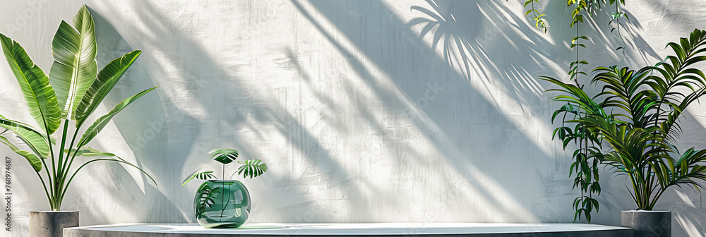 Poster abstract background with light and shadow, plant leaves creating patterns on a concrete wall, nature