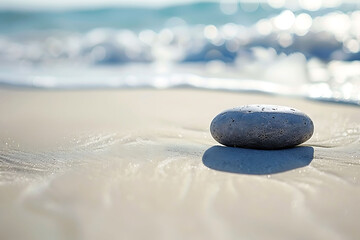 Fototapeta na wymiar A lone pebble resting on a bed of smooth, white sand, with gentle waves lapping at the shore in the background