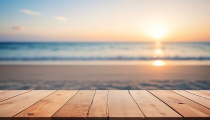 Fototapeta na wymiar long wooden table with beach landscape blur background