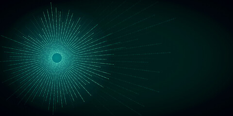 Technology, data and digital innovation. Abstract binary shape on dark green background for design on the theme of technology and data. Scattered 0 and 1