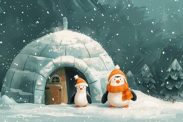 Playful scene with Eskimo and penguin outside an igloo, front view, soft snowfall, gentle and joyful super detailed - obrazy, fototapety, plakaty
