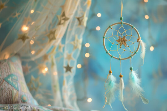 Close Up of Dream Catcher Hanging From Curtain