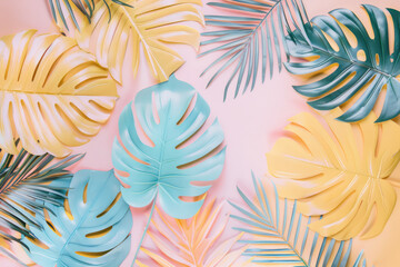 Group of Tropical Leaves on Pink Background
