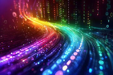 Fototapeta na wymiar colorful data flowing through a digital network, with binary code swirling around it, binery code, cyberspace, generative ai