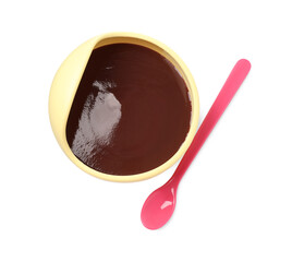 Tasty baby food in bowl and spoon isolated on white, top view