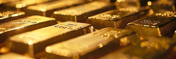 Shiny gold bars stacked neatly on a reflective surface, symbolizing wealth and prosperity